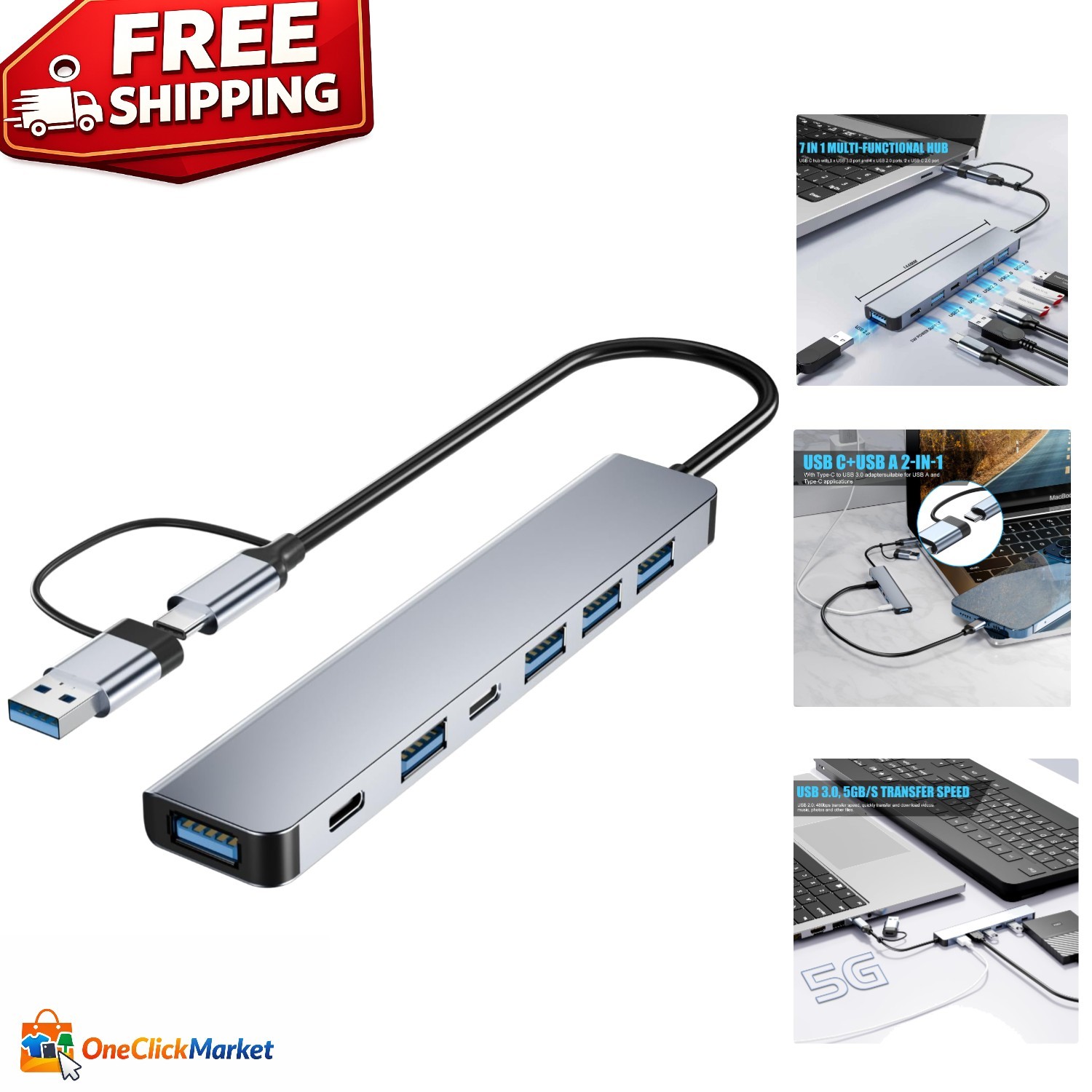 Aluminum 7-in-1 USB C Hub: Lightning-Fast 5Gbps Data Transfer, Compact & Durable
