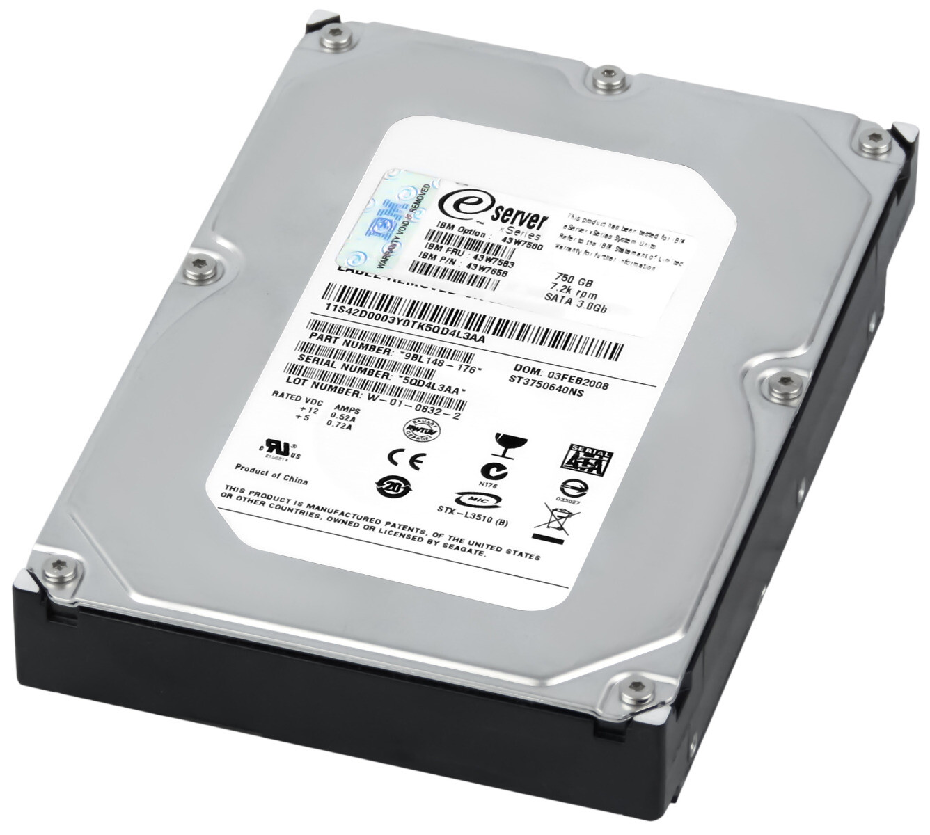 HARD DRIVE IBM 43W7583 43W7658 ST3750640NS 750GB 7.2K 16MB SATA II 3.5'