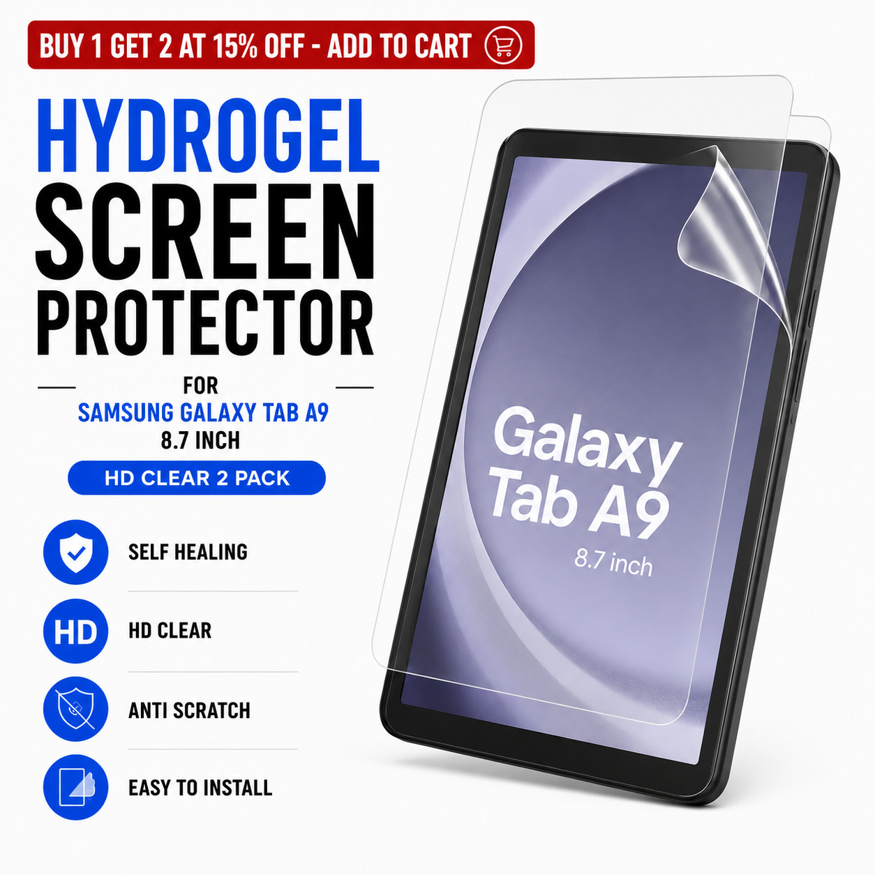 Samsung Galaxy Tab A9 8.7 inch Screen Protector Hydrogel HD Clear 2 Pack