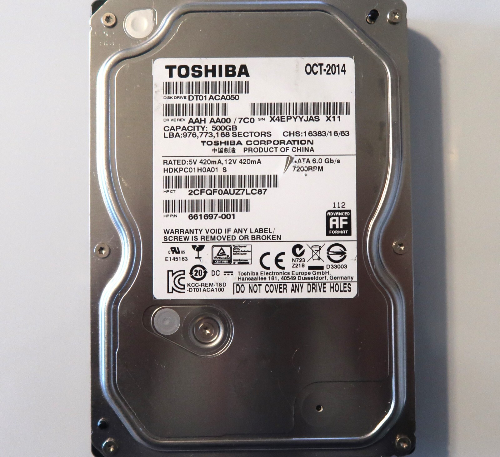 Toshiba DT01ACA050 HDKPC01H0A01 S AAH AA00 FW:7C0 500gb Sata 3.5" HDD OCT-2014
