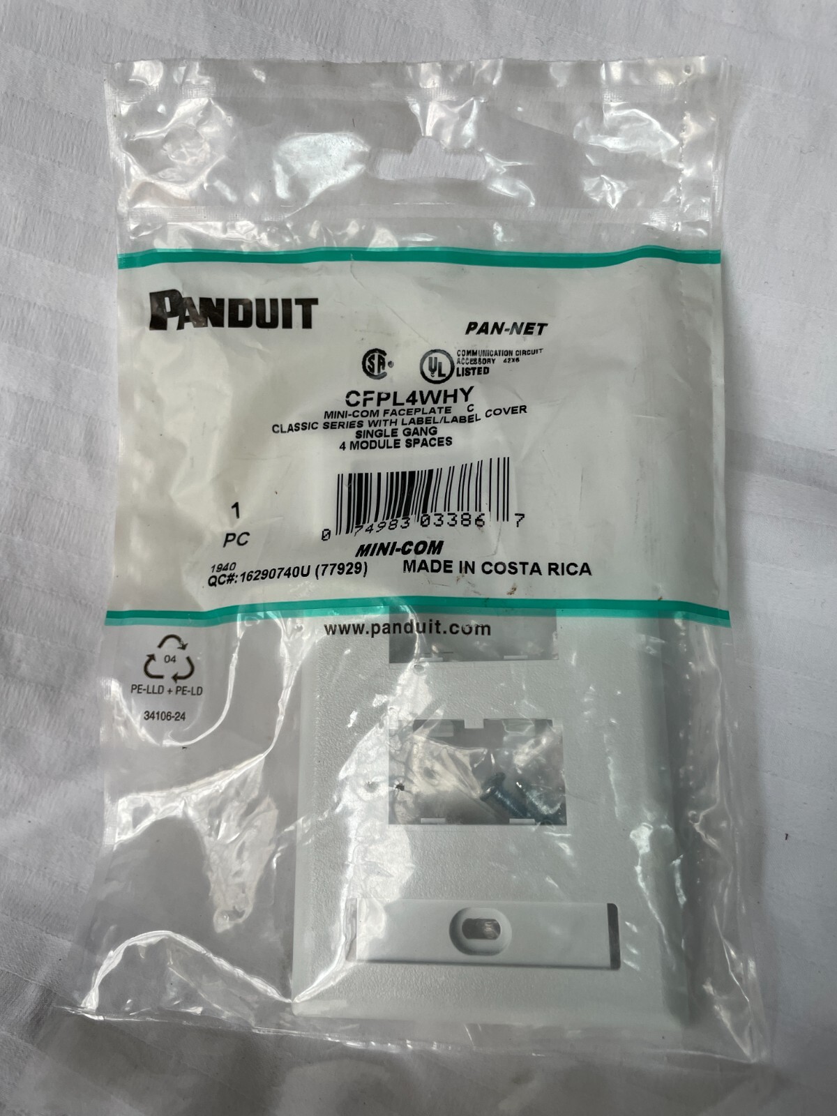 Panduit pan-net CFPL4WHY faceplate single gang 4 module spaces