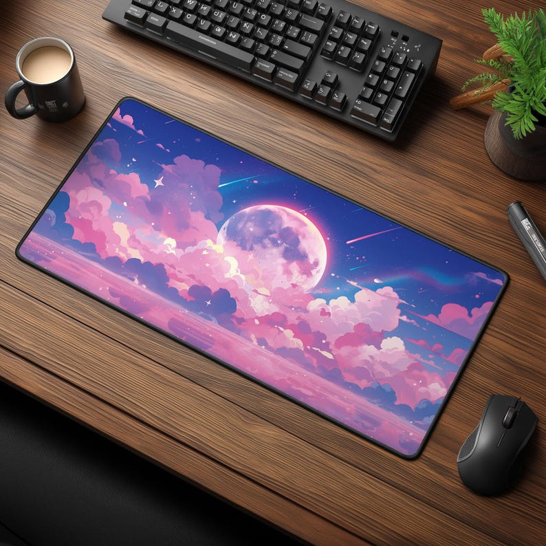 Pastel Moon and Clouds Desk Mat, Kawaii Aesthetic Mouse Pad AP358TR
