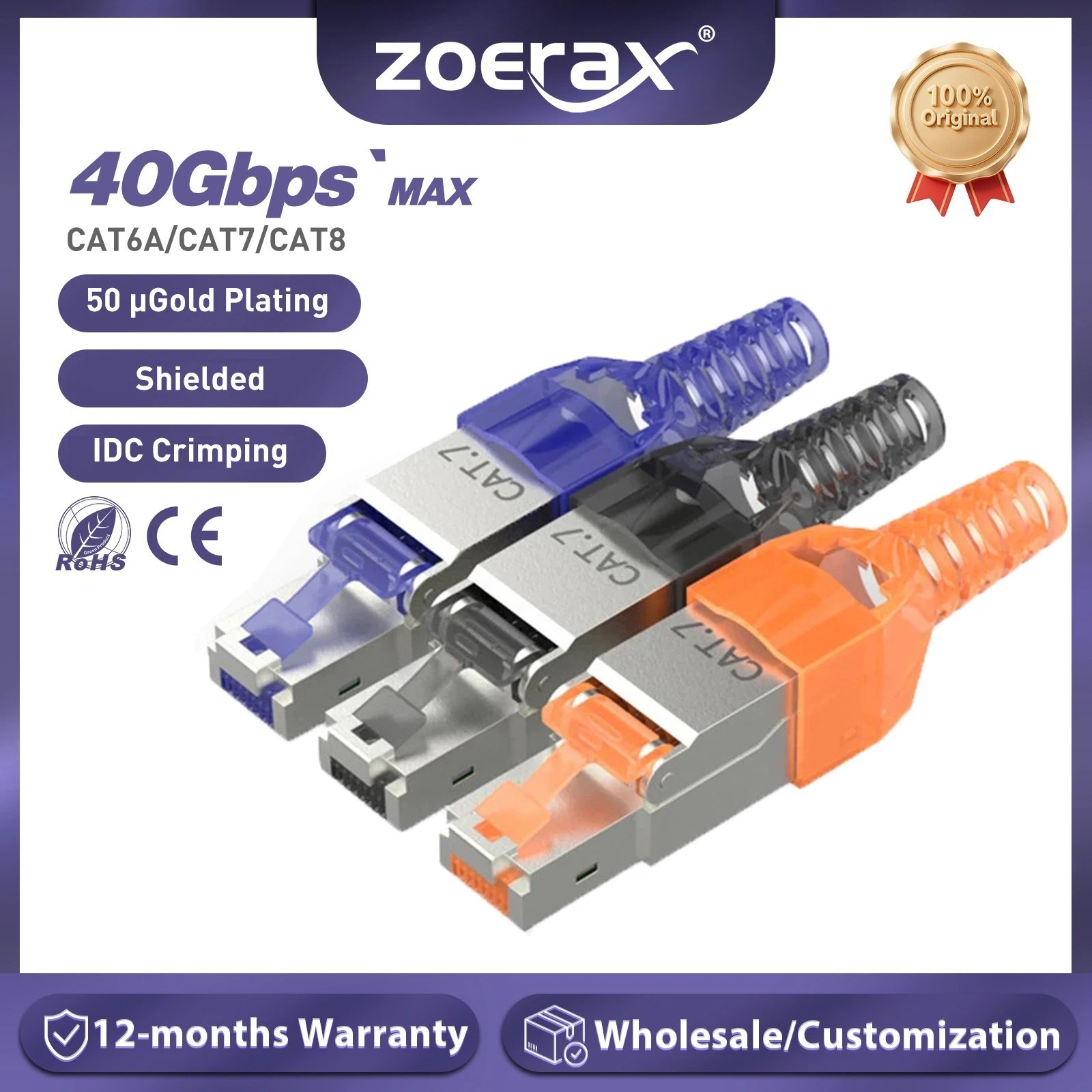 ZoeRax 10PCS RJ45 Cat8 Cat7 Cat6A Connectors Tool-Free Zinc Alloy