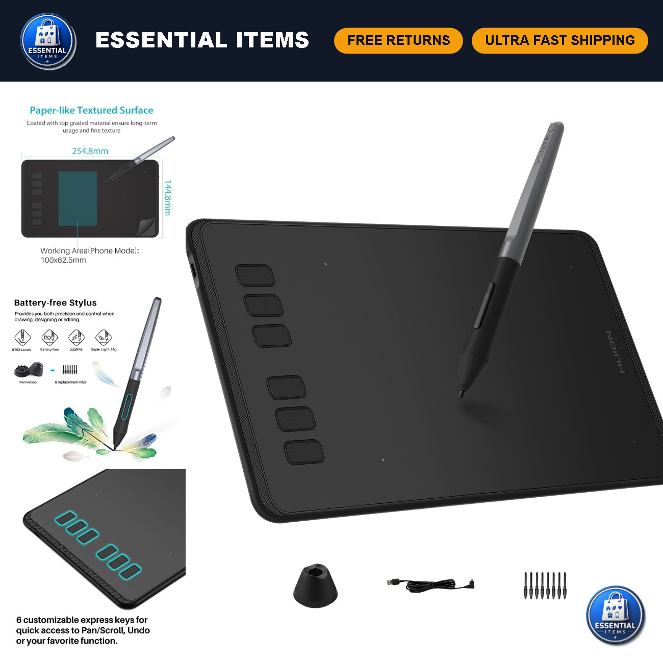 Drawing Tablet 6x4 inch, 8192 Pen Pressure, Graphic Tablet for Artists, Digital