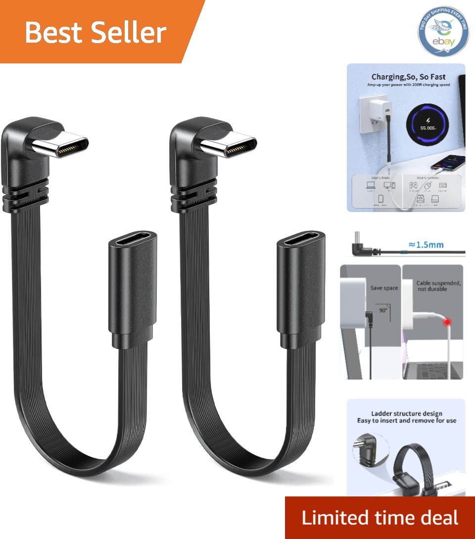 Durable 90-Degree USB-C Extension Cable - 2-Pack, Ideal for Mobile Devices