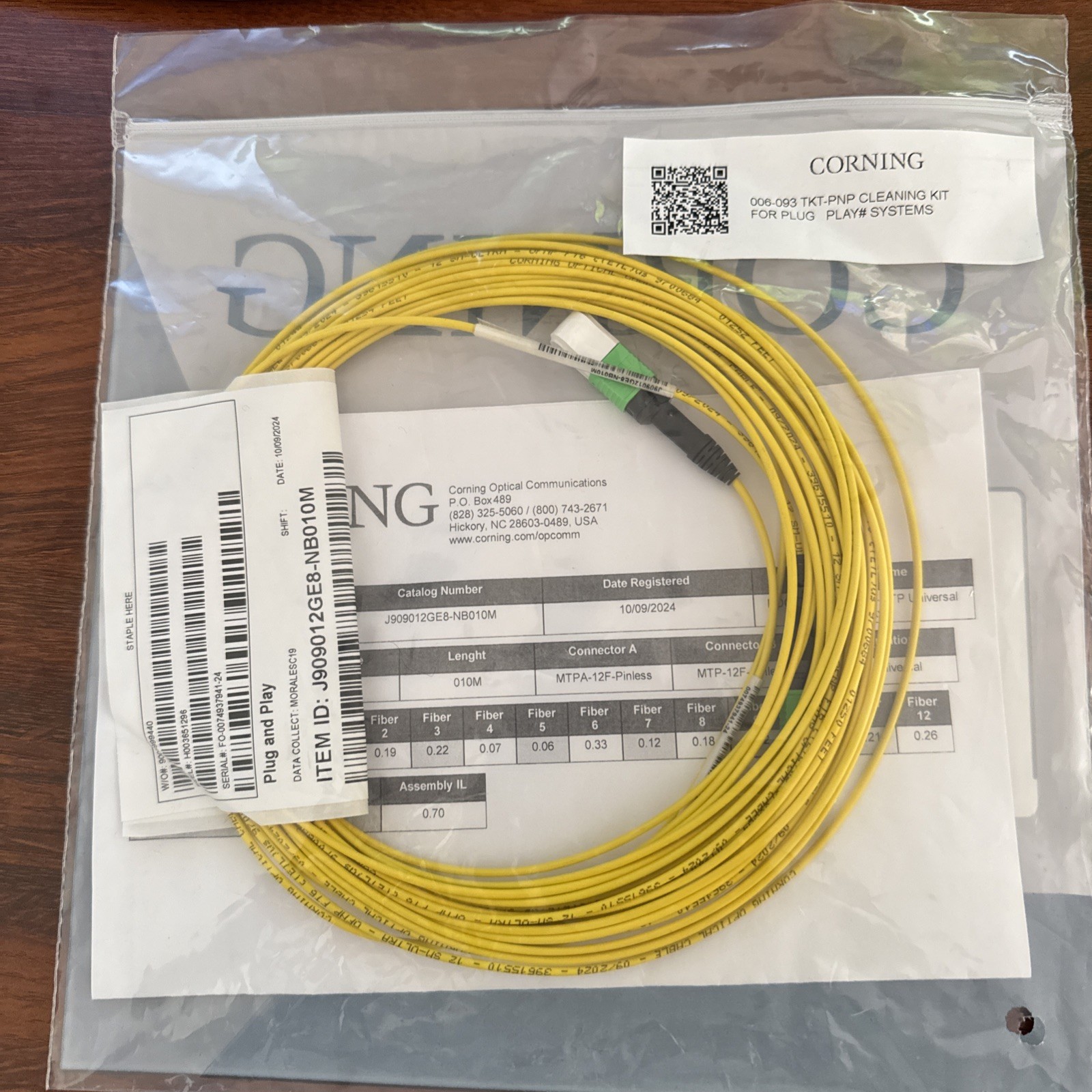 NEW Corning J909012GE8-NB010M MTP PRO OS2 12 Fiber Type B Patch Cable 10M