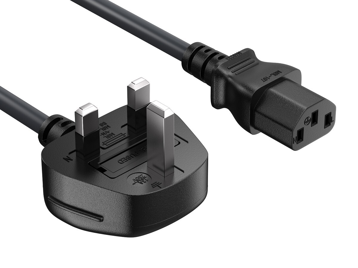 3ft UK Computer Power Cord, BS1363 to IEC C13, 18 AWG H05VV-F, 10A/250V, 13A ...