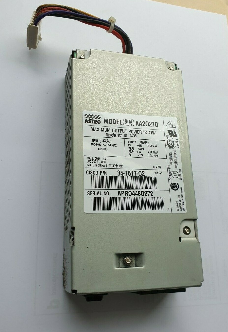 CISCO 34-1617-02 A0 ASTEC AA20270 47W POWER SUPPLY (R3S11.4B3)