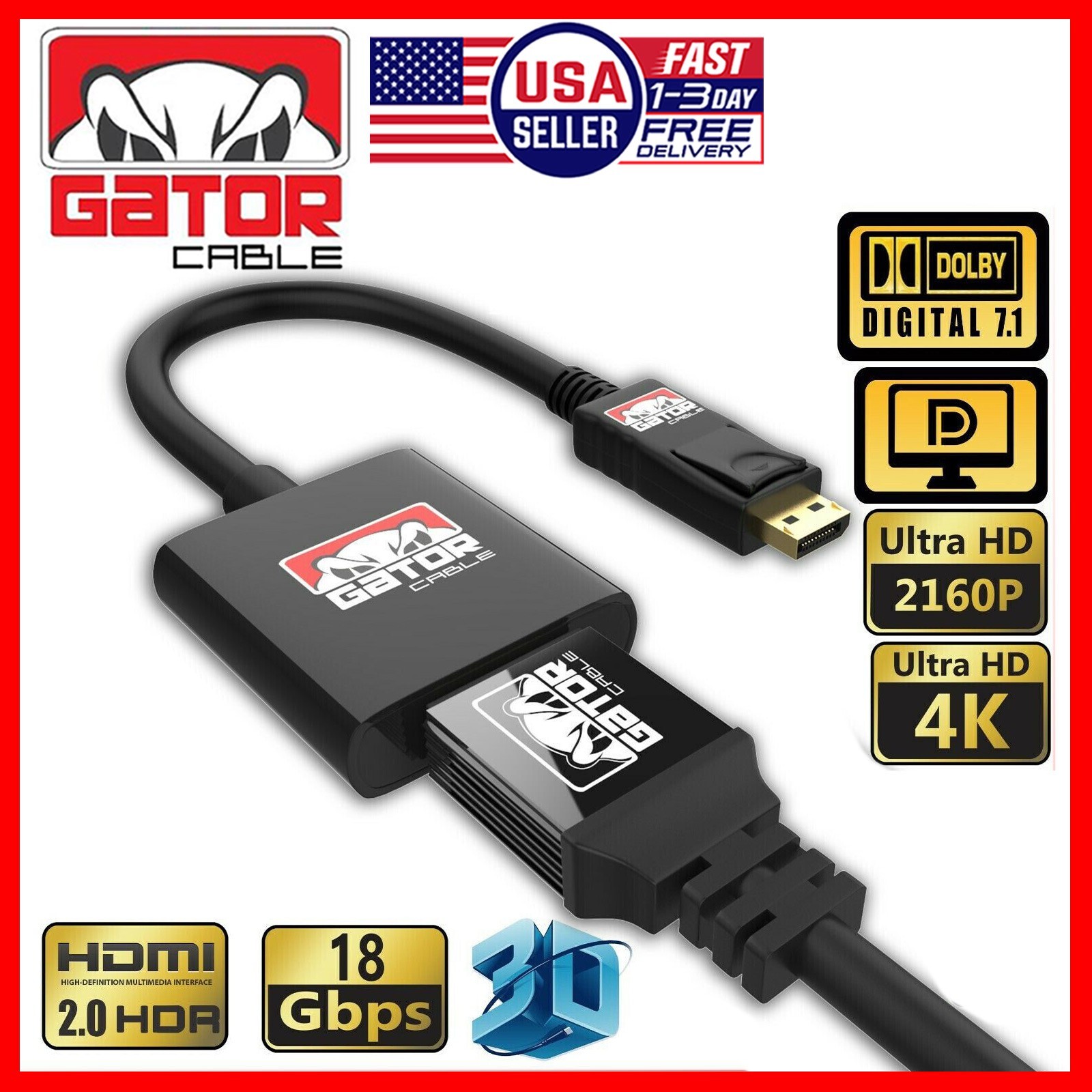 DisplayPort to HDMI Adapter Converter Cable Audio Video Monitor 4K 60Hz 18Gbps