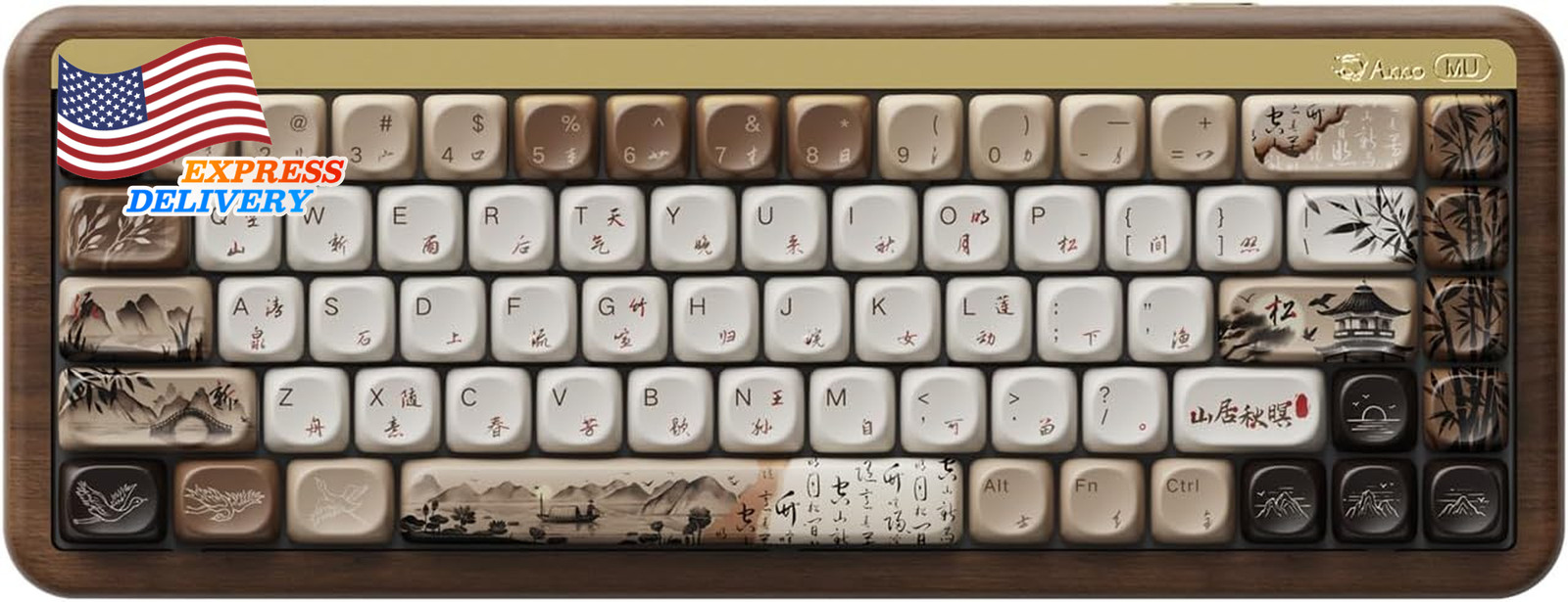Mechanical Gaming Keyboard with Walnut Wooden Case with PBT Dye-Sub Keycaps