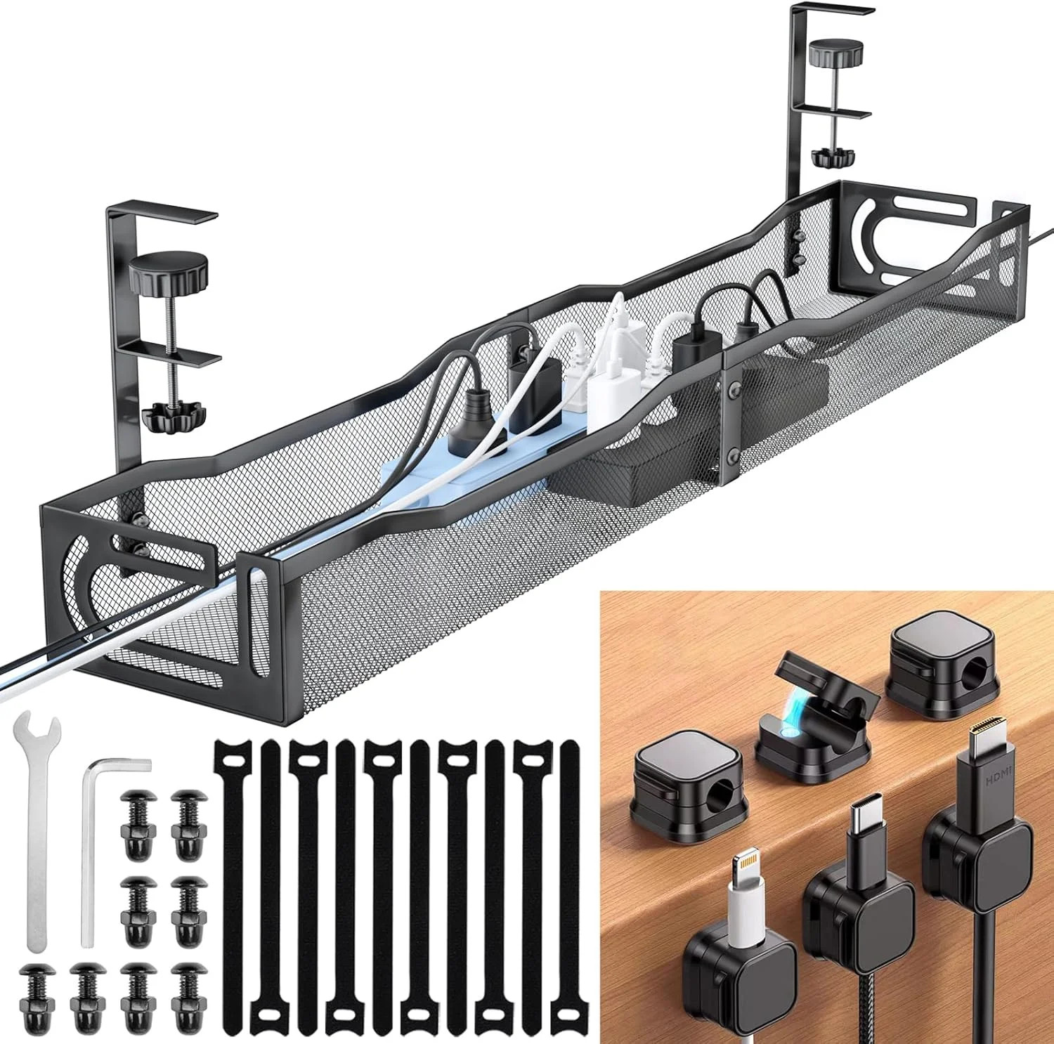 Cable Management Under Desk, 25.3'' No Drill Desk Cable Management Tray with Cla