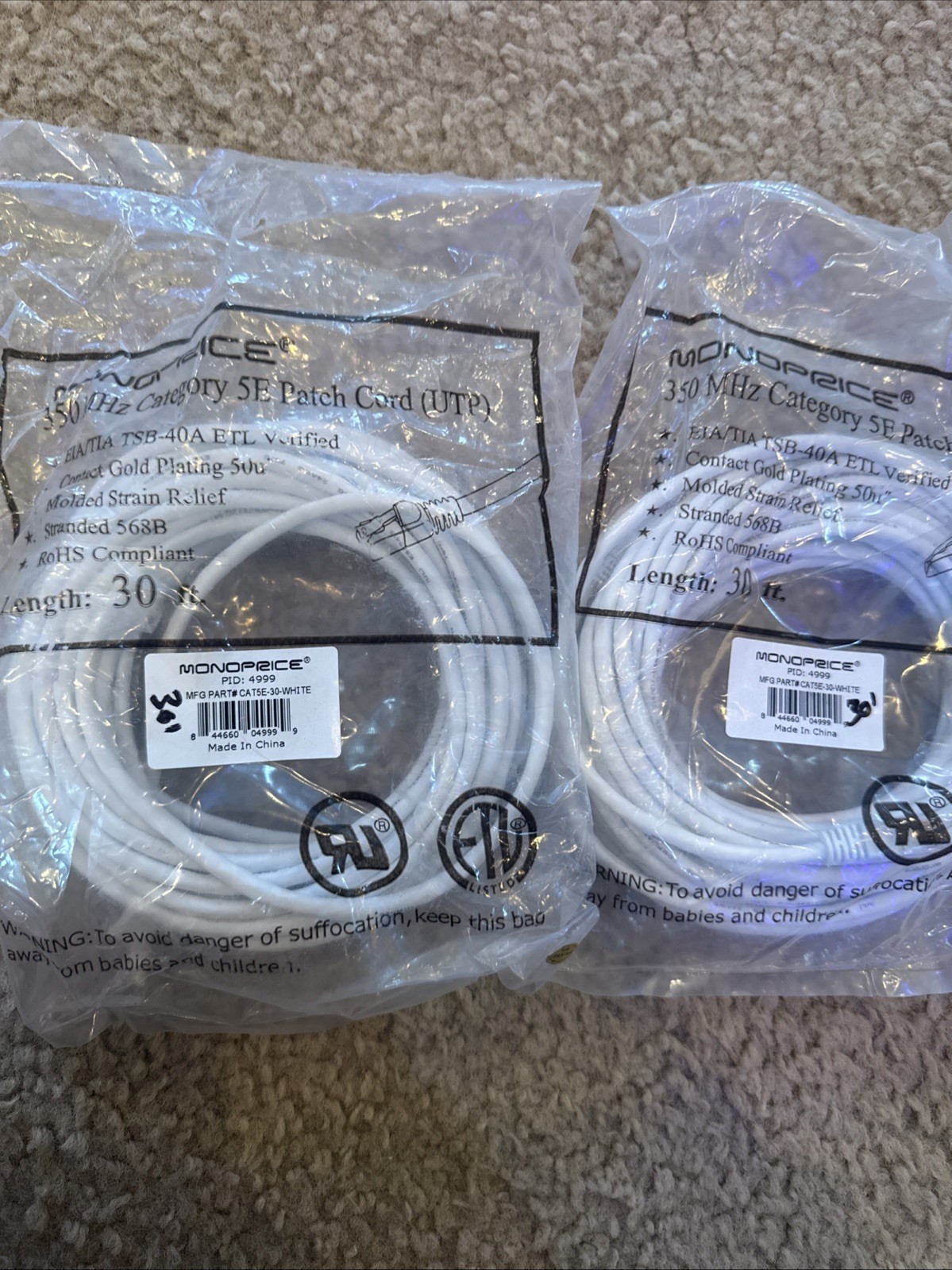 2x Monoprice 30ft 24AWG Cat5e 350MHz UTP Ethernet Network Cable White NEW
