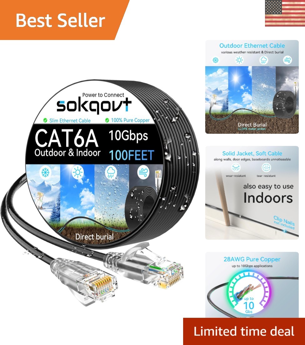 100ft Durable Cat6 Ethernet Cable - Waterproof Outdoor/Indoor Use, Pure Copper