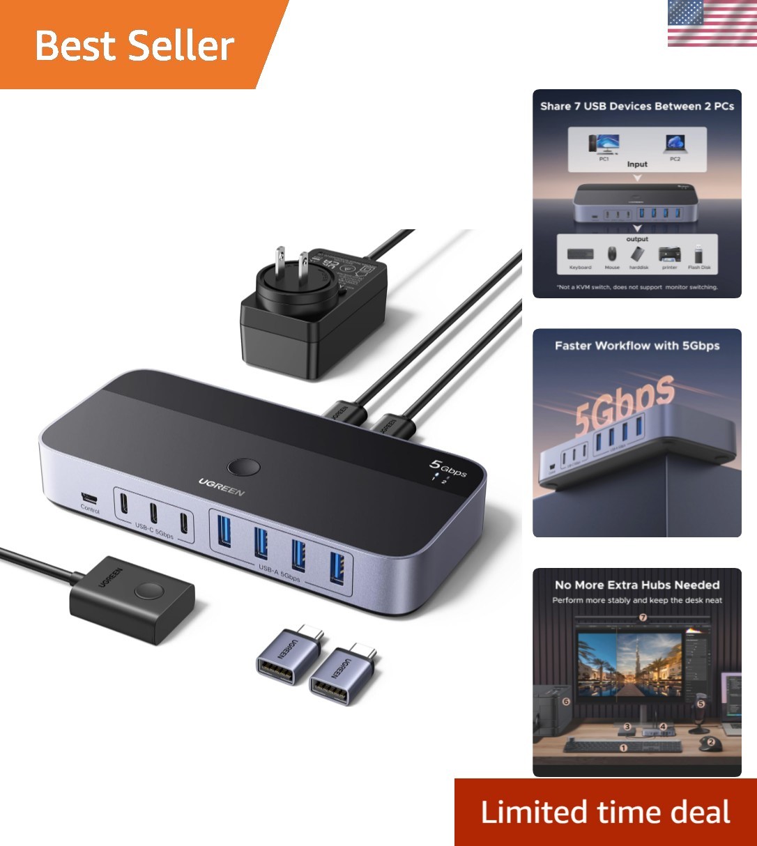 2-in 7-Out USB 3.0 Switch, USB Switcher for 2 Computers Sharing USB A & C Dev...
