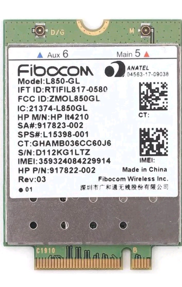 HP Lt4210 WWAN Fibocom L850-GL w/GPS LTE/HSPA+ M.2 XMM 7360 LTE-A PN# L15398-001