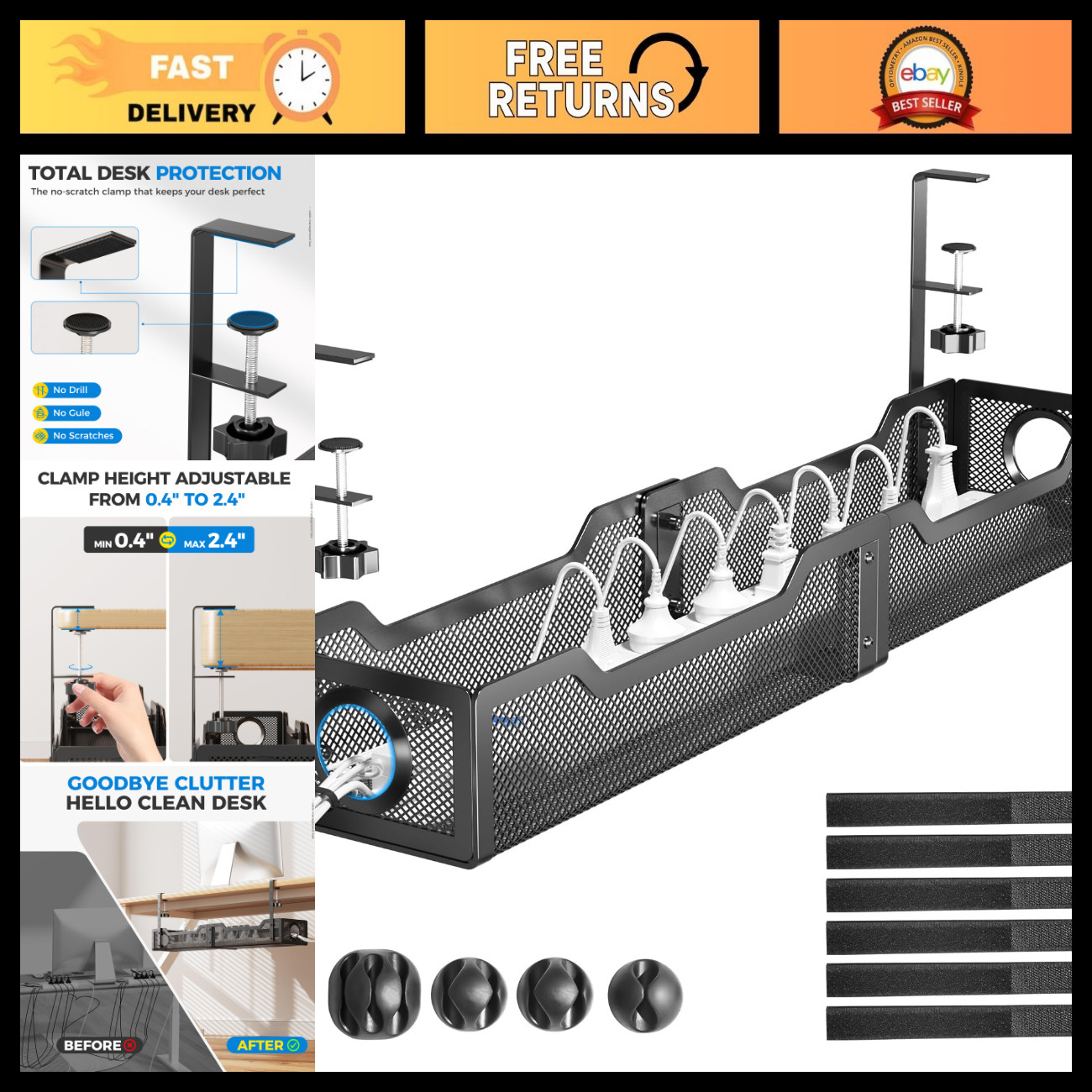 25" Extra Large Under Desk Cable Management Tray, No Drill Wire Organizer, Cord