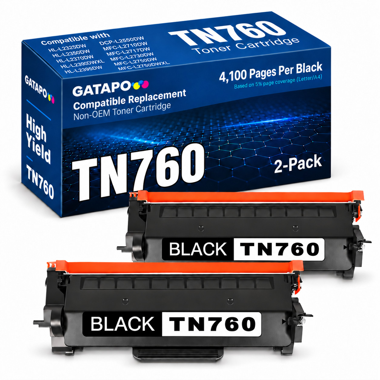 2x TN760 Toner Cartridge for Brother MFC-L2710DW L2390DW MFC-L2717DW DCP-L2550DW