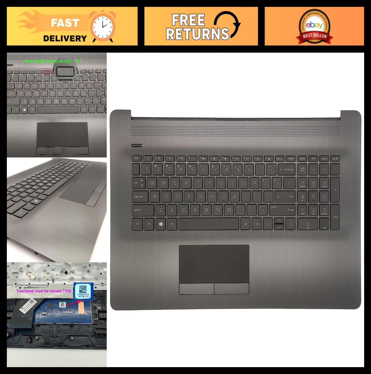 Replacement Upper Case Palmrest for 17" Laptop Non-Backlit Keyboard & Touchpad