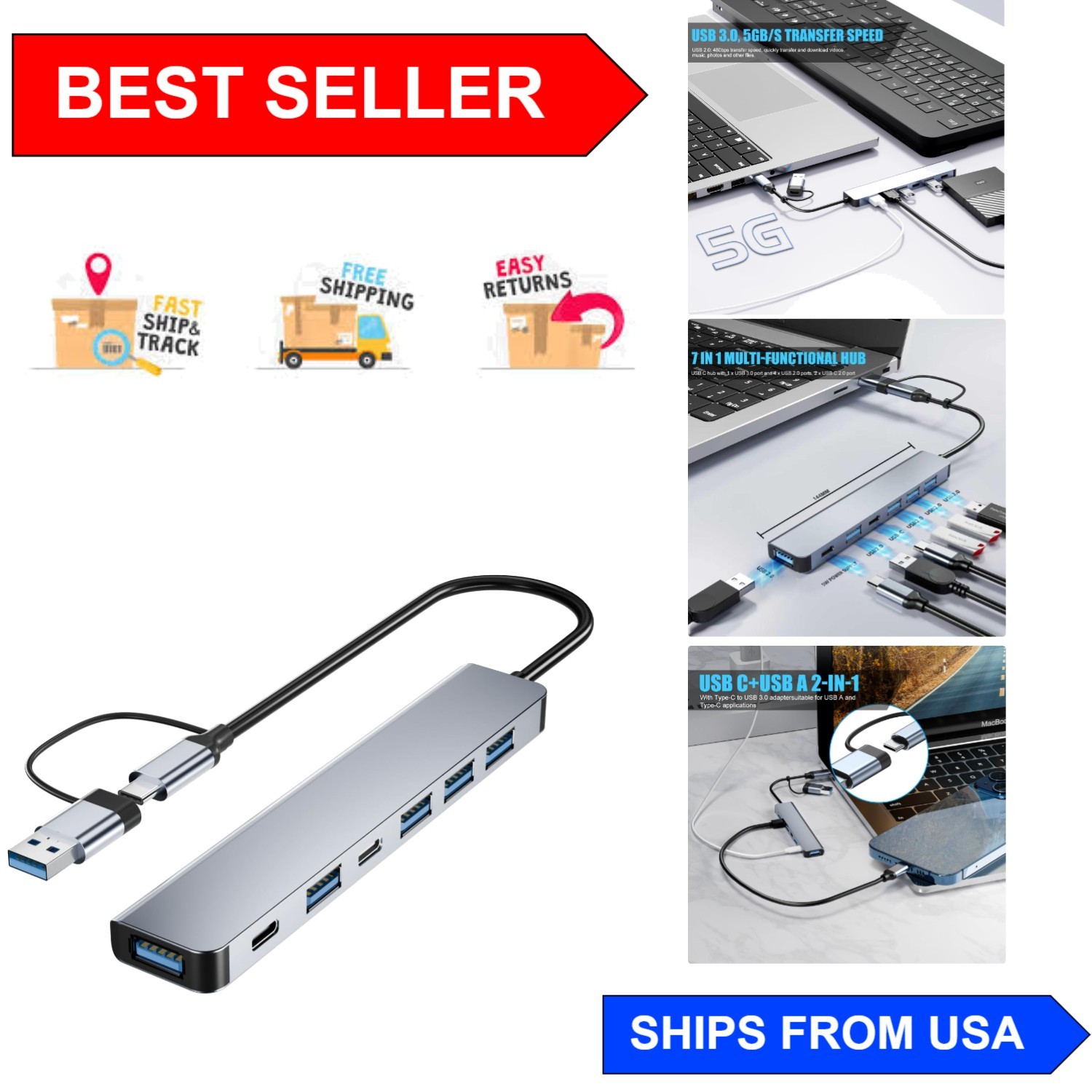 Versatile 7 Port USB C Hub with Fast Charging - Perfect for Mac & Windows