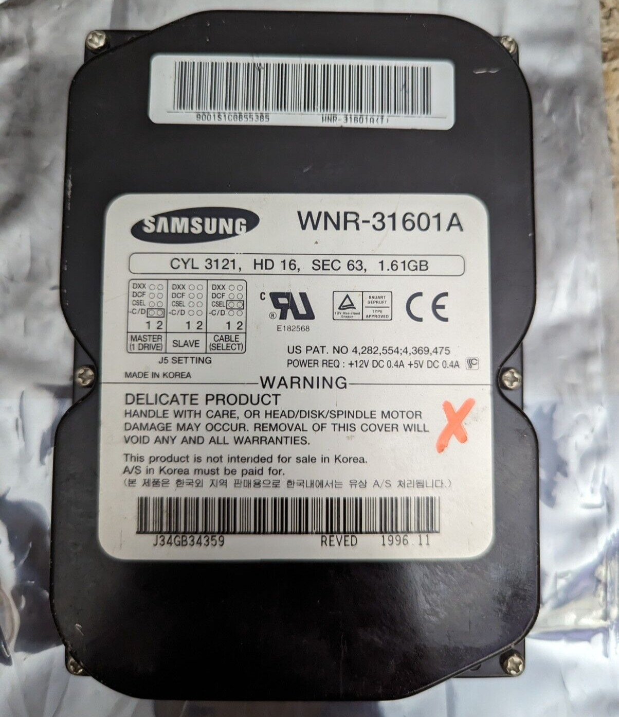 Samsung WNR31601A  3.5 IDE 1.61GB Hard Drive - Vintage Hardware - *PARTS ONLY*
