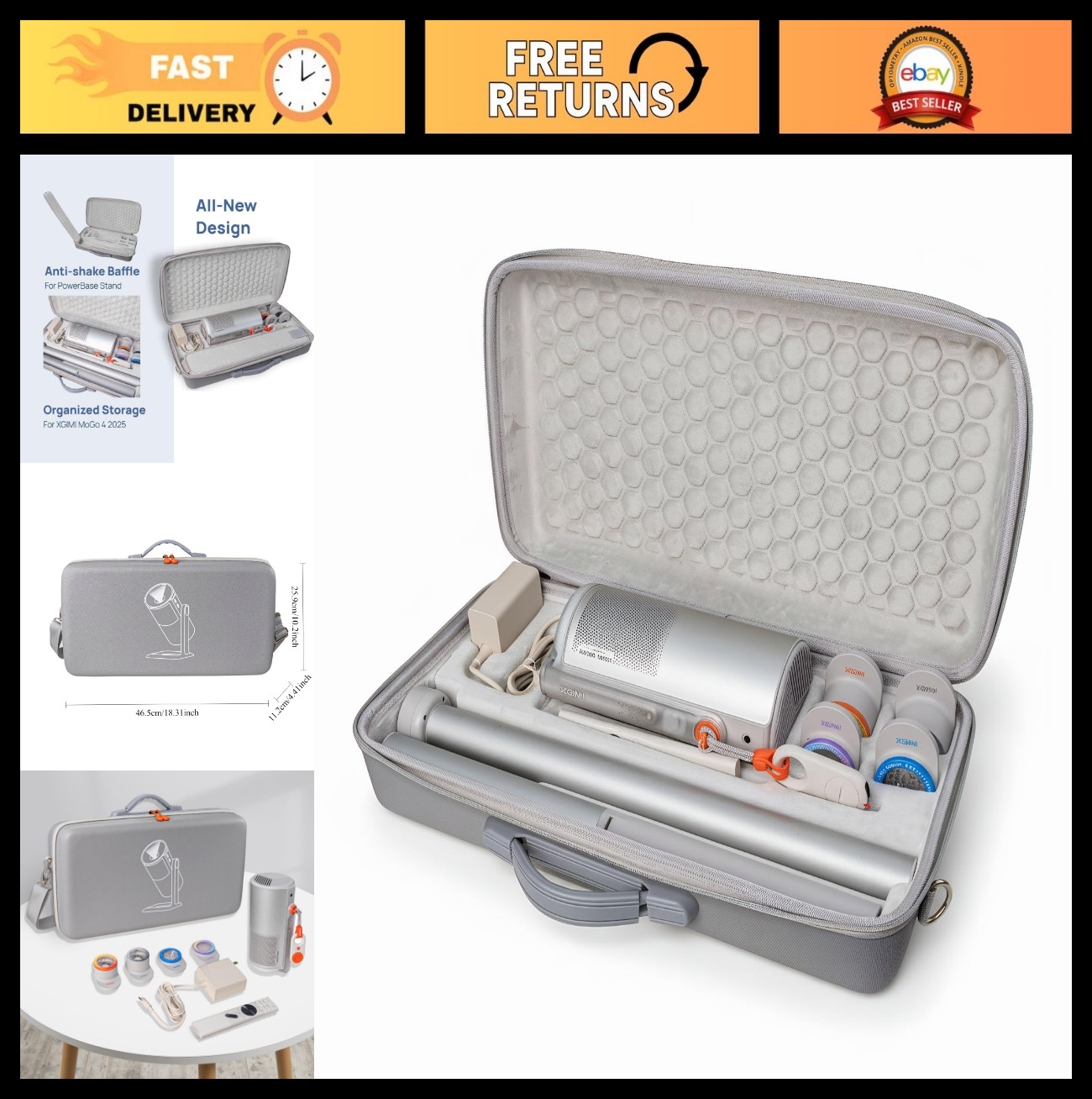 Portable Hard Travel Case for Projector & PowerBase Stand - Shock-Proof, Water-P