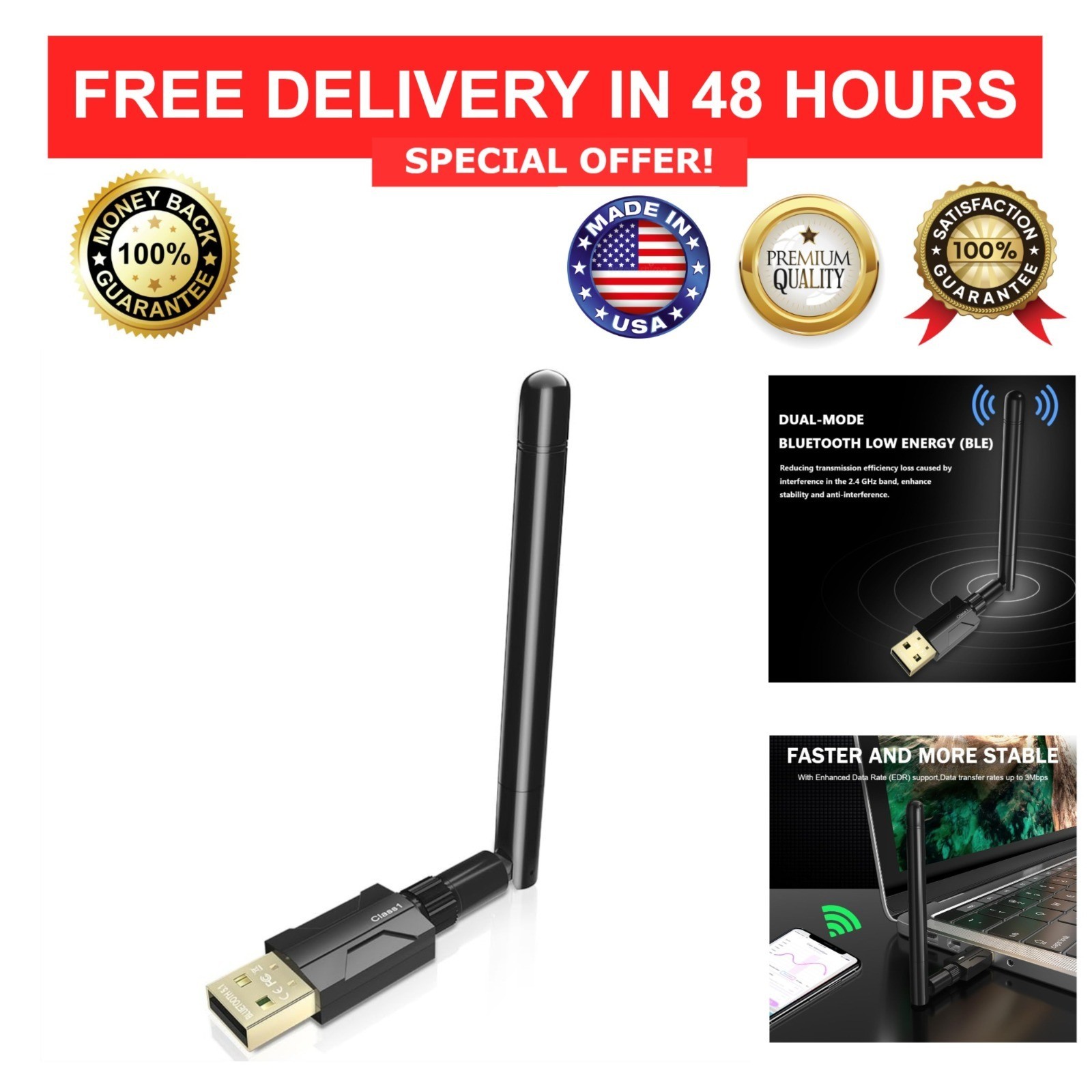 USB Bluetooth 5.1 Adapter for PC Long Range 300FT Dongle 5dBi Antenna Windows
