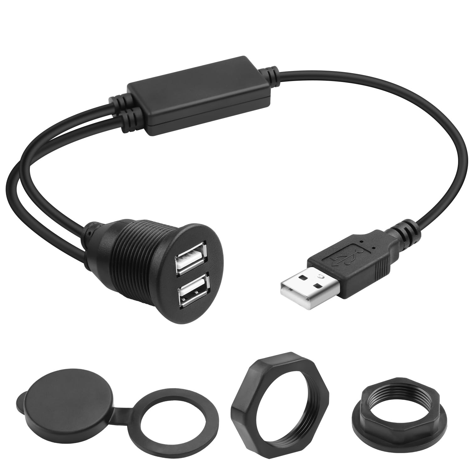 QIANRENON USB 1 to 2 Flush Mount Adapter Short Cable USB2.0 Male 2 USB2.0...