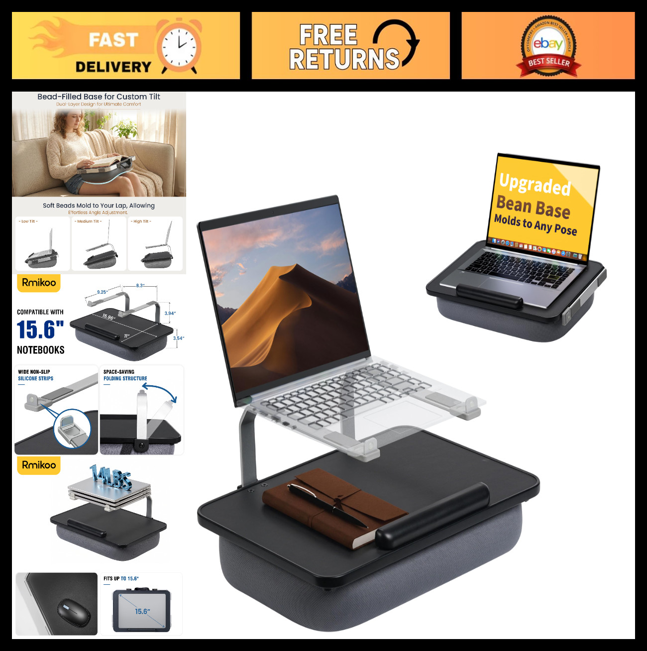 Elevated Lap Desk for 15.6" Laptop - 2-in-1 Dual Stand with Pillow Cushion, Ergo