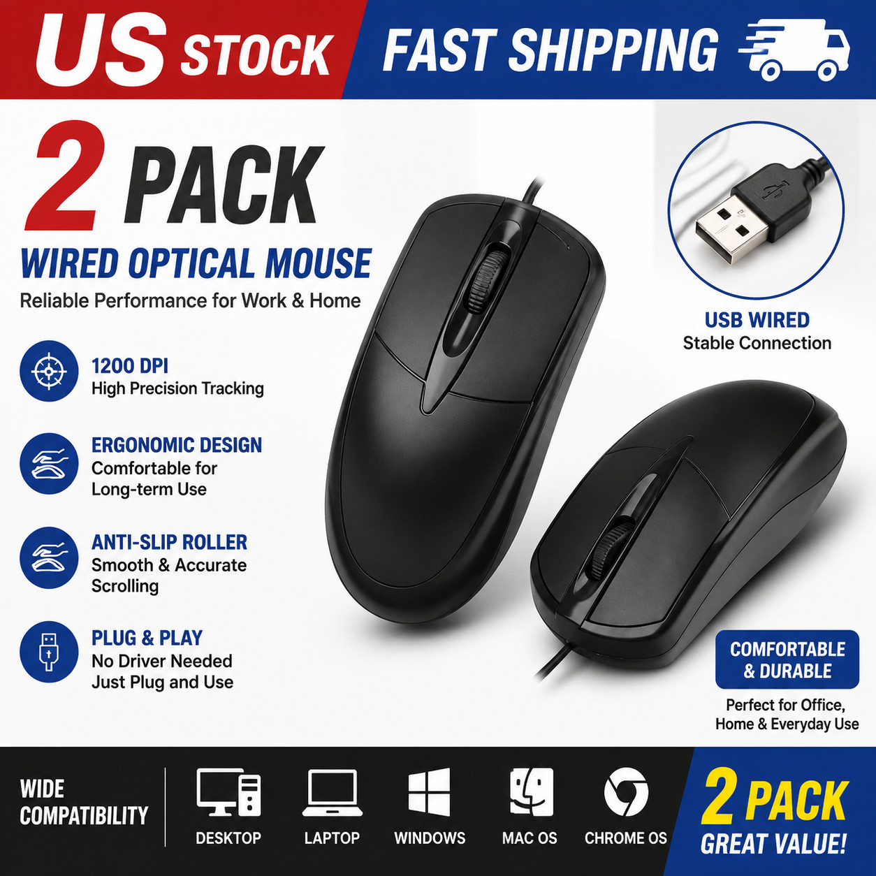 2 Pack Wired Optical Mouse 1200 DPI USB Computer Mouse for PC Laptop Desktop