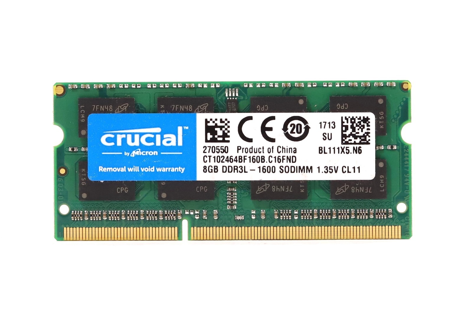 Crucial 8GB 1Rx8 PC3-12800 DDR3L-1600 Laptop Memory P/N: CT102464BF160B.C16FND