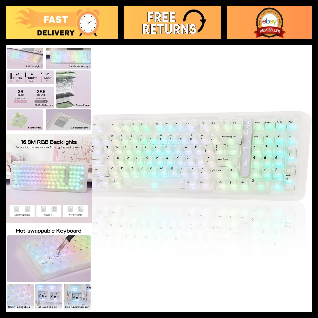 Wireless Mechanical Gaming Keyboard 96% Compact, Customizable VIA, RGB Backlit