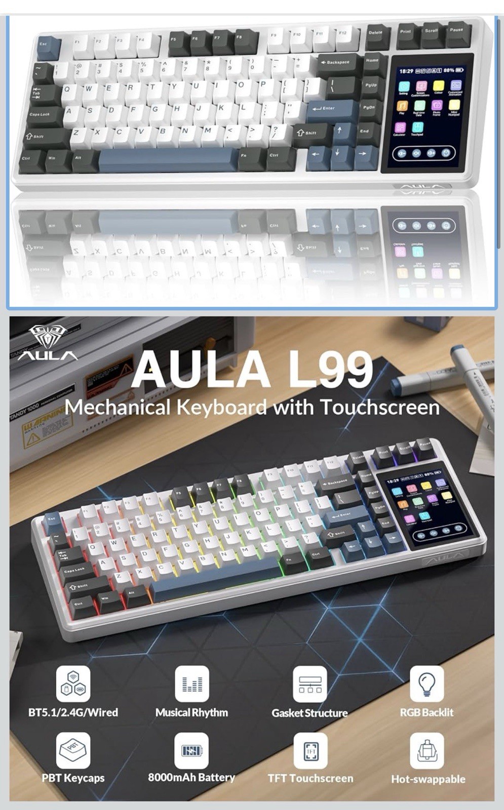 Aula L99 Wireless Mechanical Gaming Creamy Keyboard with Smart Touch Screen T