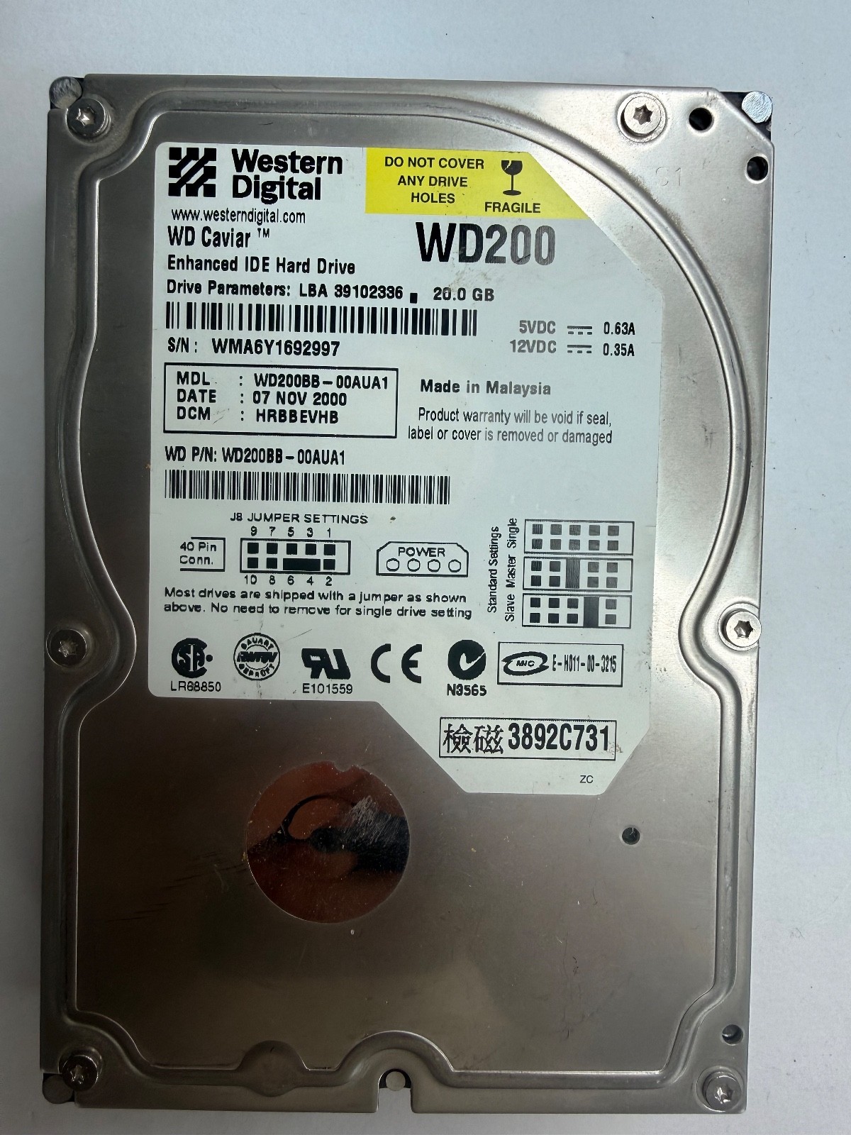 WESTERN DIGITAL WD CAVIAR WD200 20GB HARD DRIVE - 