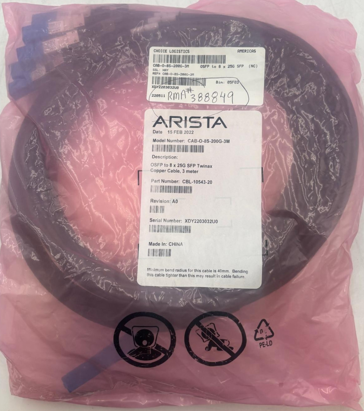 Arista CAB-O-8S-200G-3M OSFP to 8 x 25G SFP Twinax Copper Cable, 3m - NEW