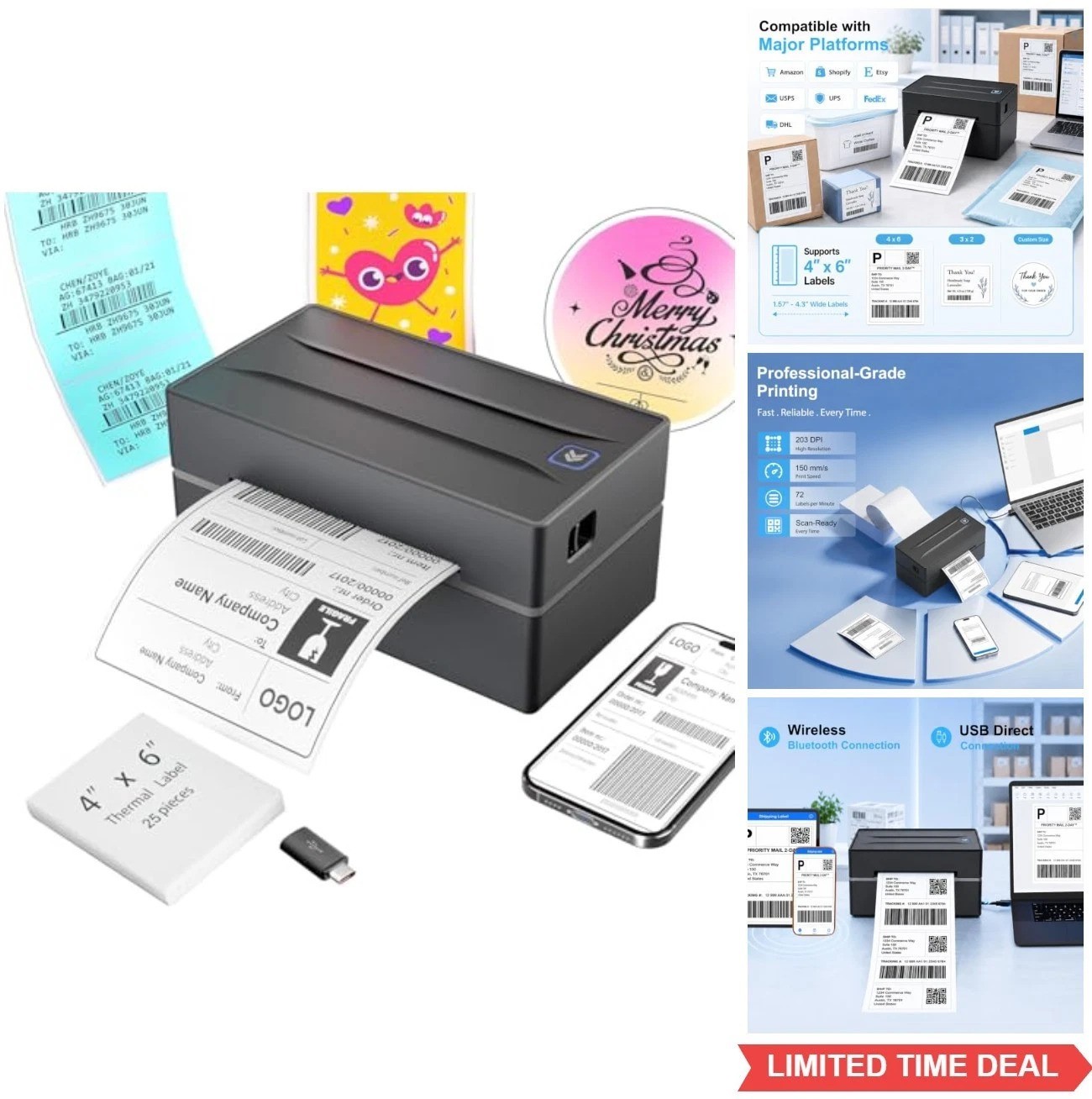 Thermal Shipping Label Printer 4x6 Bluetooth USB 203 DPI Direct Thermal 150mm/s