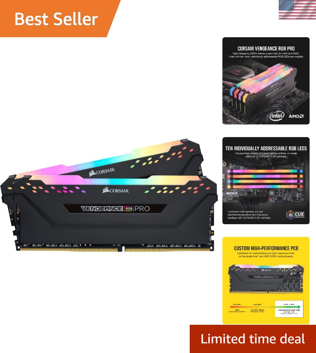 Dynamic RGB VENGEANCE 16GB (2x8GB) 3200MHz DDR4 Memory - Compatible Intel/AMD