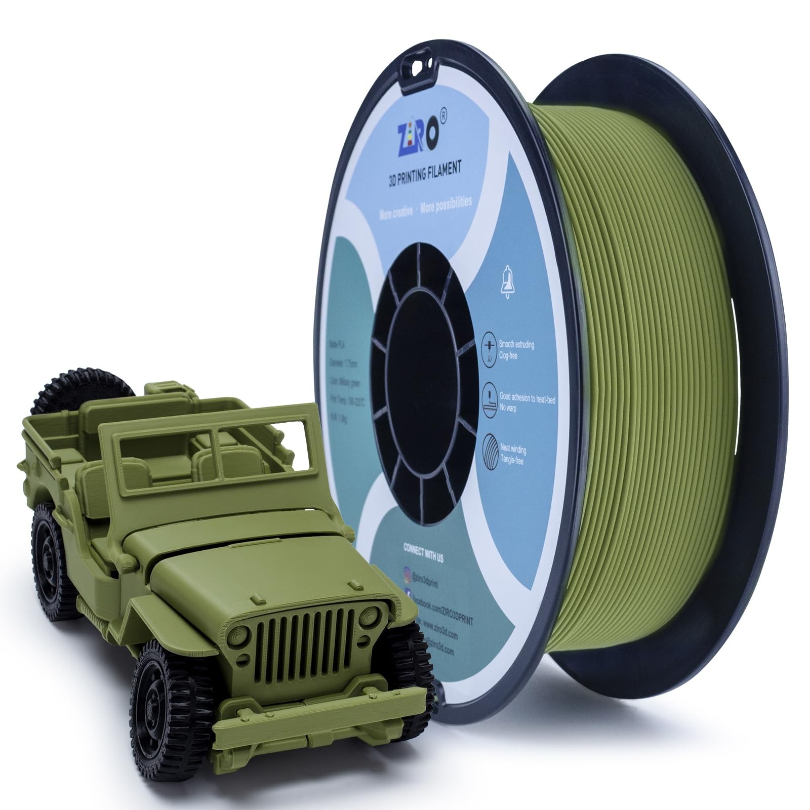 ZIRO High Toughness 3D Printing Material, Matte 1kg 1.75mm, Military Green