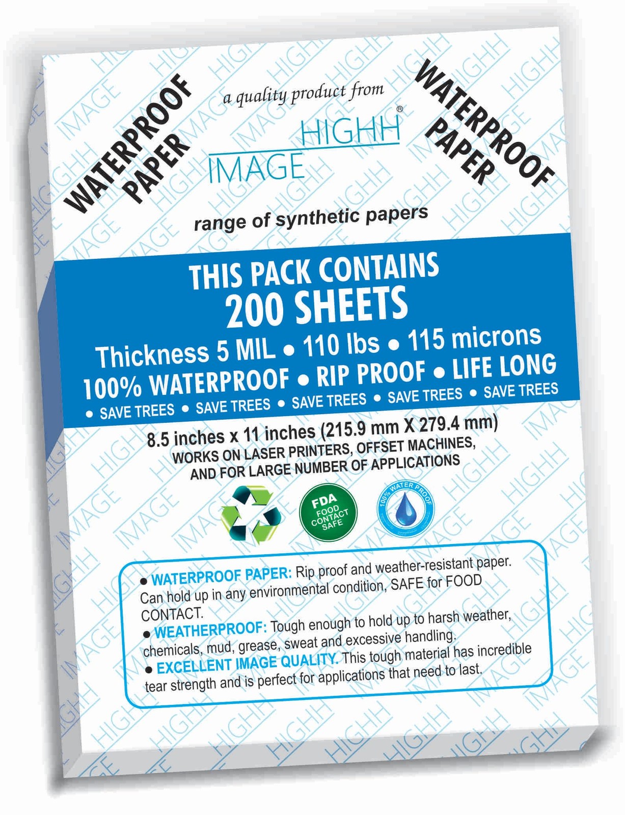 HIGHH IMAGE 8.5x11 Waterproof Synthetic Paper 200 Sheets