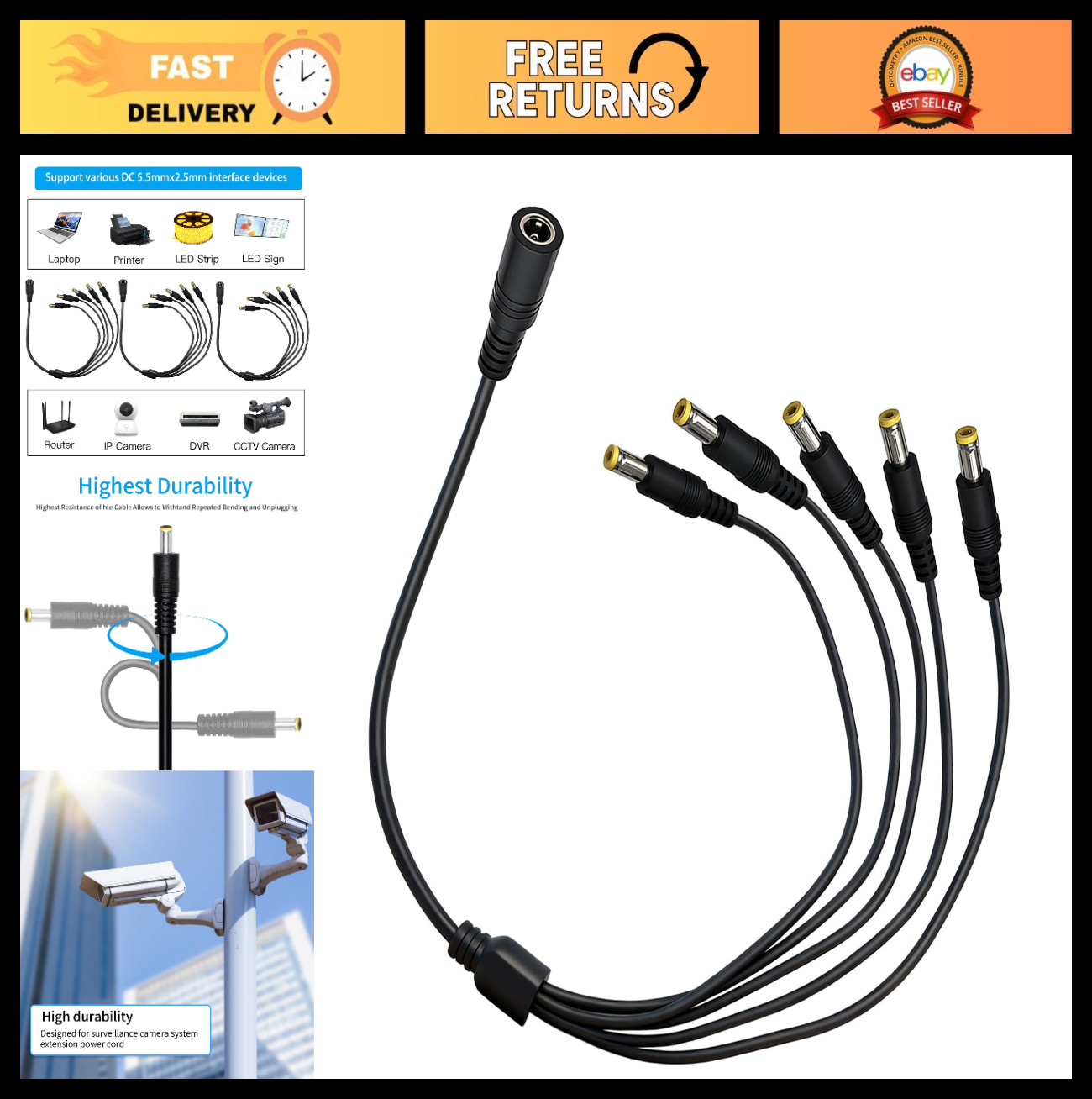 5.5x2.5mm DC Power Splitter Cable 3-Pack, 1 to 5 Way, 18AWG, 12V/24V, 10A, 2.3FT