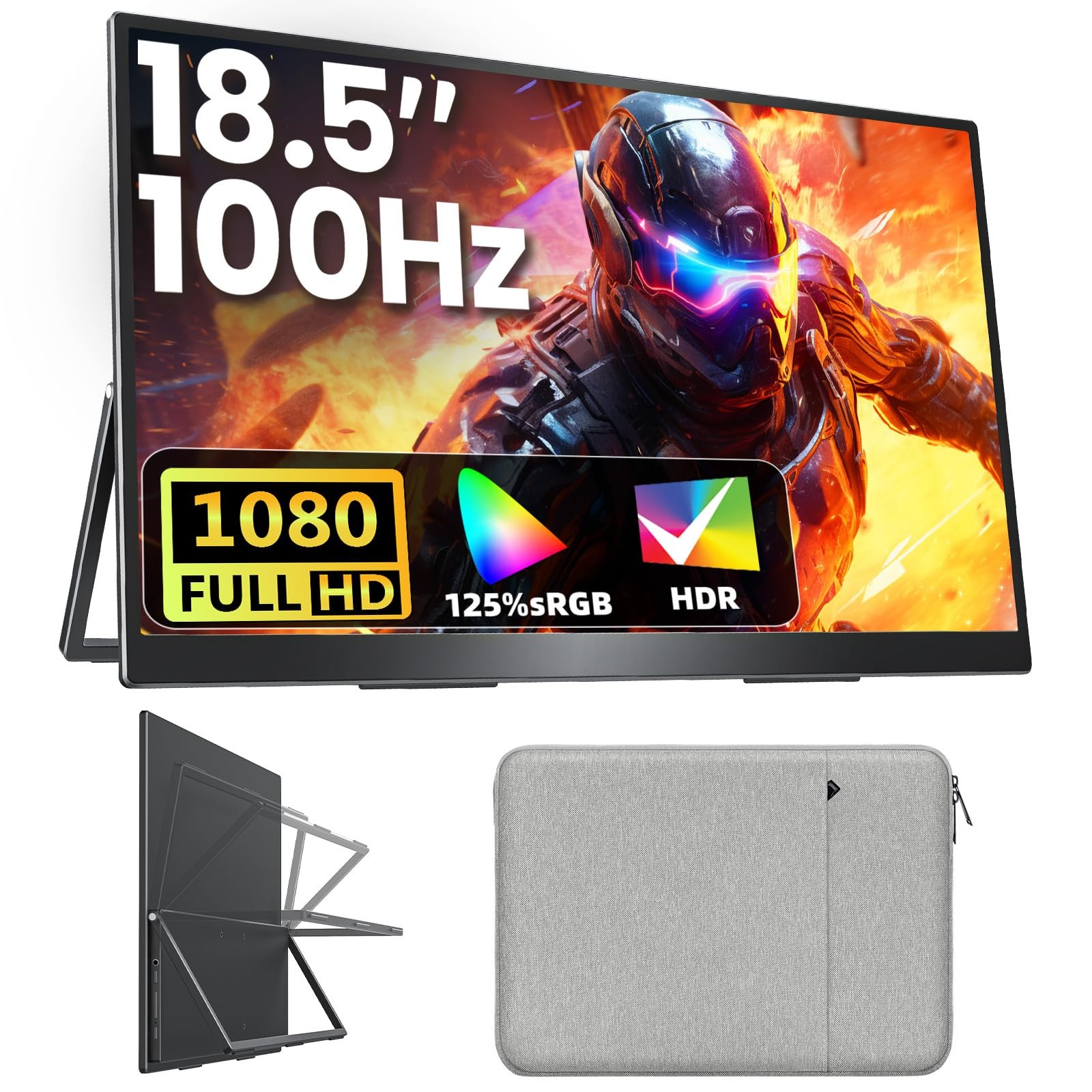 Portable Monitor 18.5 inch FHD 125% sRGB 100Hz IPS HDR HDMI USB-C Travel Moni...