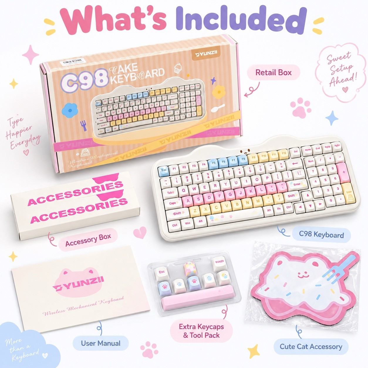 Yunzii C98 Cake Meow Edition Wireless Mechanical Keyboard with 1000mAh Battery