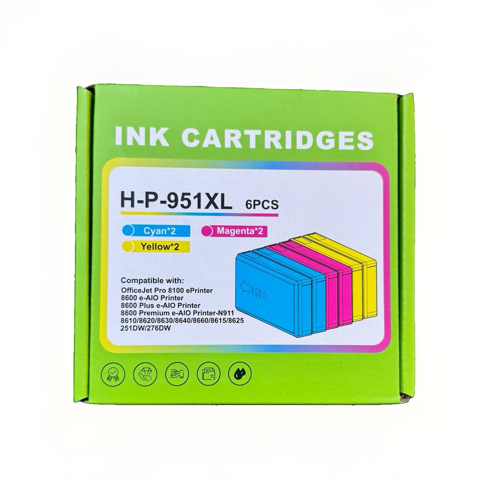 HP 951XL Compatible Ink Cartridges 6-Pack 2 Cyan 2 Magenta 2 Yellow NEW