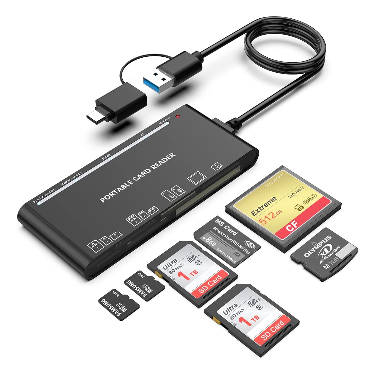 USB C USB3.0 Multi Card Reader for SD, CF, Micro SD, XD, MS Cards  7 in 1 Ada...