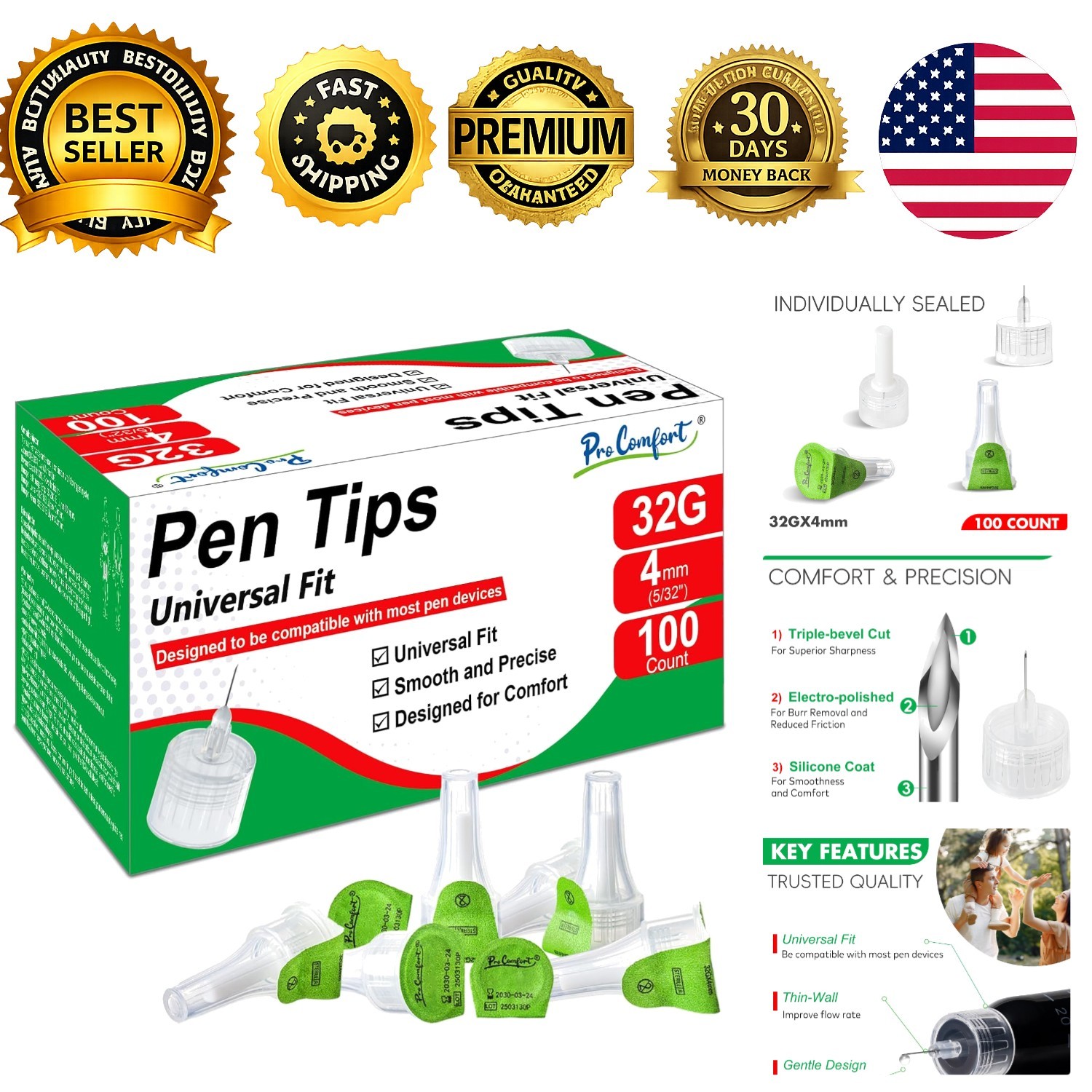 Universal Pen Tips 32G x 4mm 5/32 Thin-Wall 100 Pack Replacement Tips