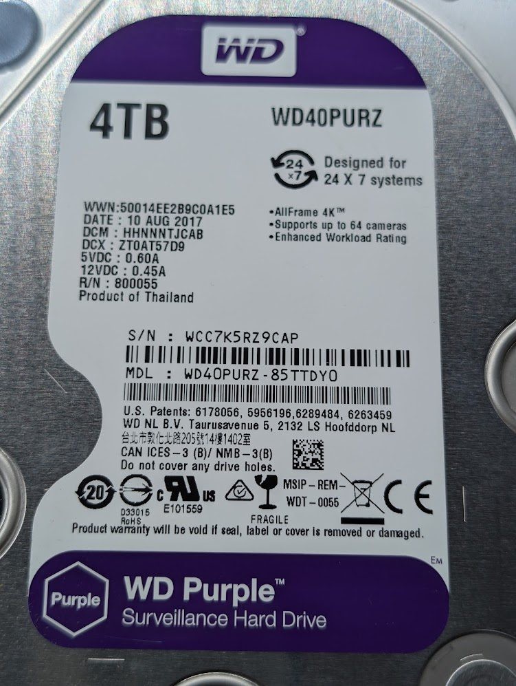 Western Digital 4TB WD40PURZ Purple SATA 6Gb/s 3.5" Hard Drive