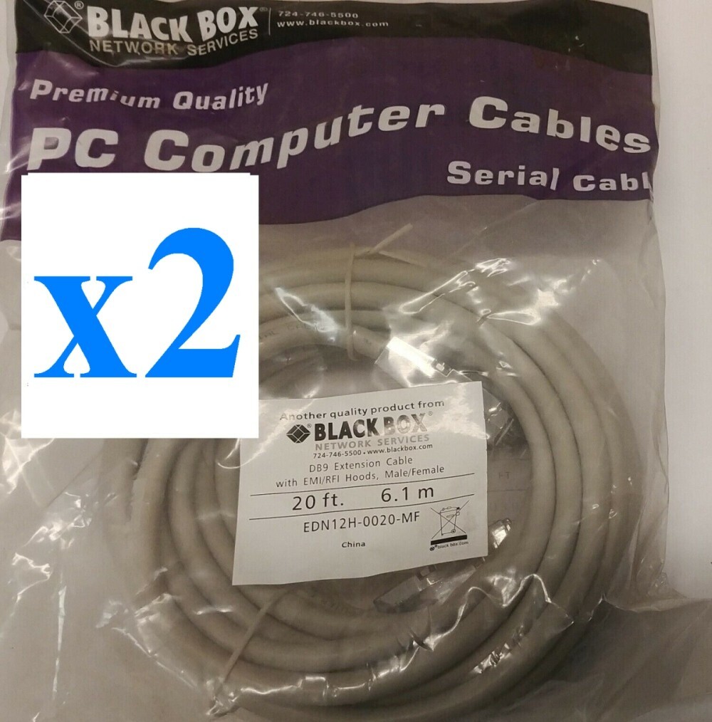 x2 20ft EDN12H-0020-MF Black Box DB9 9-Pin RS232 Male Female M/F Serial Shielded