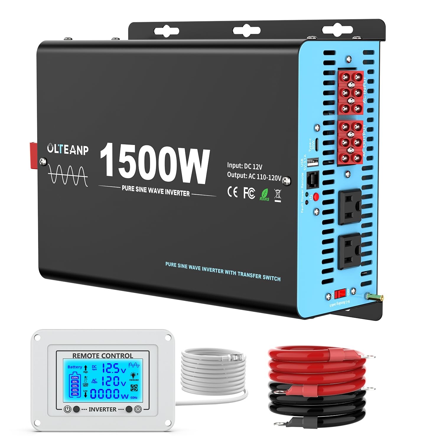 1500W Pure Sine Wave Power Inverter with Transfer Switch for RV, 3000W Peak