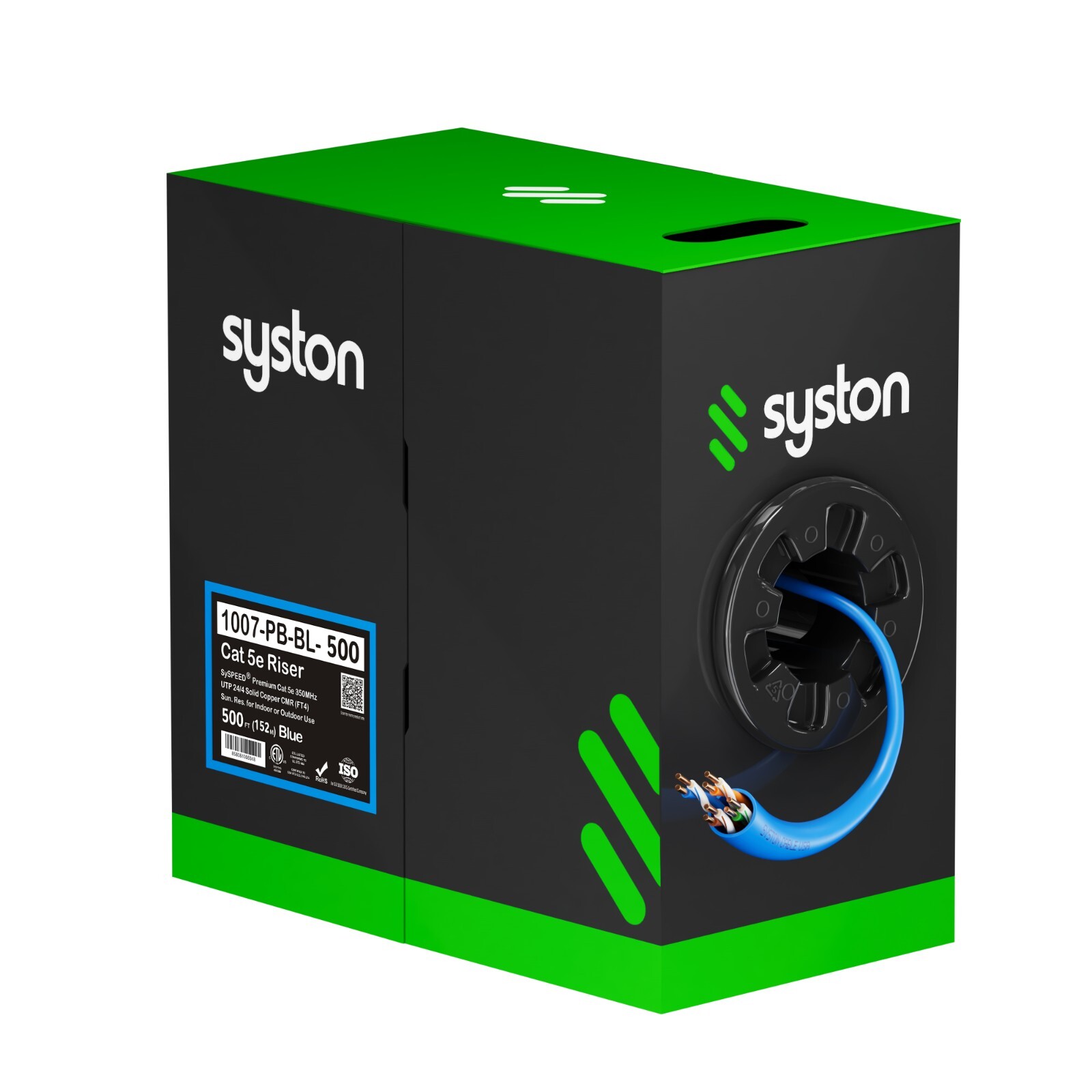 Syston Cat 5e Ethernet Bulk Cable 500ft 24 AWG Solid Copper Wire 350MHz CMR Box