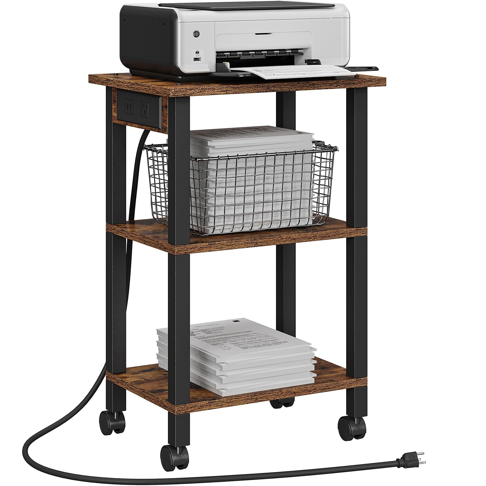 Brown 3 Tier Rolling Printer Stand Cart Power Outlets USB Ports Mobile Table