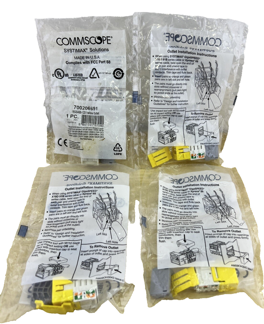Lot of 4 CommScope Systimax MGS400BH-123 Cat6 RJ45 Jacks GigaSPEED XL Yellow